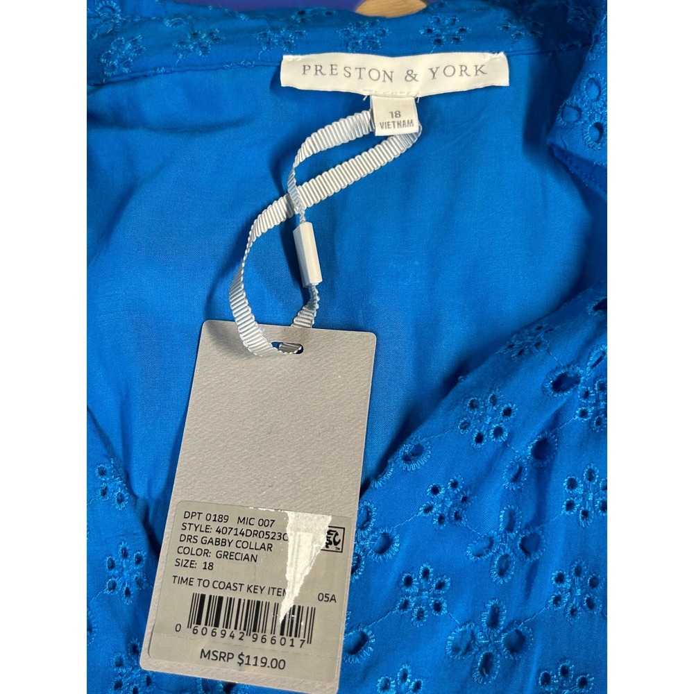 Preston York Eyelet Shift Dress Grecian Blue Short Sleeve V Neck Size 18 - Picture 7 of 8